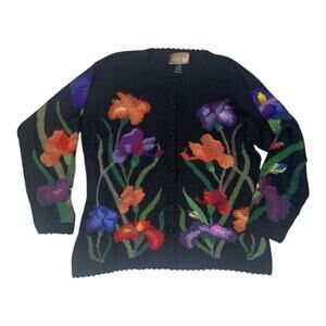Everything Alpaca size medium Black floral cardigan wool Women's Black Sweater